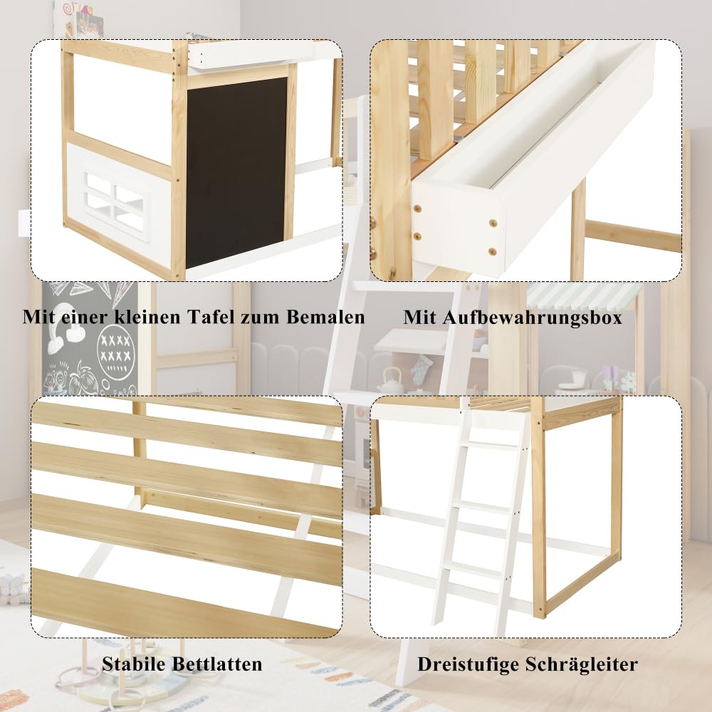 Lit mezzanine 90 x 200 cm, lit enfant avec petit tableau à peindre avec récipient,lit superposé enfant garde-corps de sécurité, espace de rangement réglable individuellement sous le lit, blanc