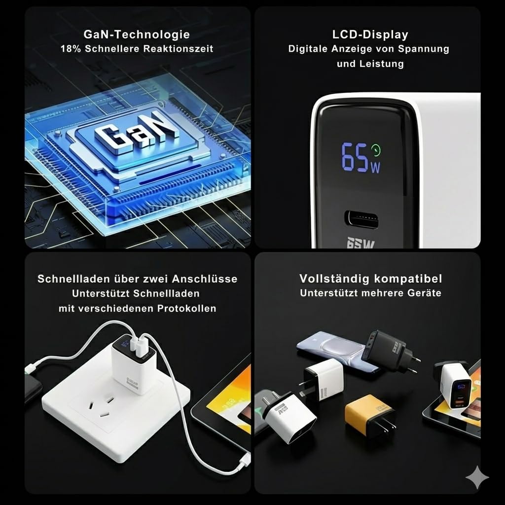 ładowarka USB C 65 W, 2-portowe ładowarki GaN z wyświetlaczem LED, PPS i PD do iPhone 17/16/15, MacBook, iPad, Samsung, telefonów komórkowych i laptopów