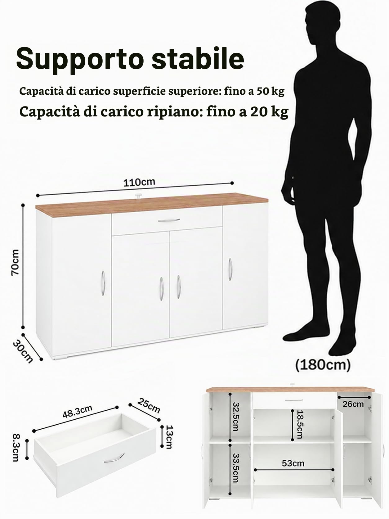 hitsuki Comò Camera da Letto Bianco con 4 Ante e 1 Cassetto 110×30×70cm | Mobile contenitore con 4 ante e 1 cassetto per organizzare biancheria, abiti e oggetti personali nella camera da letto