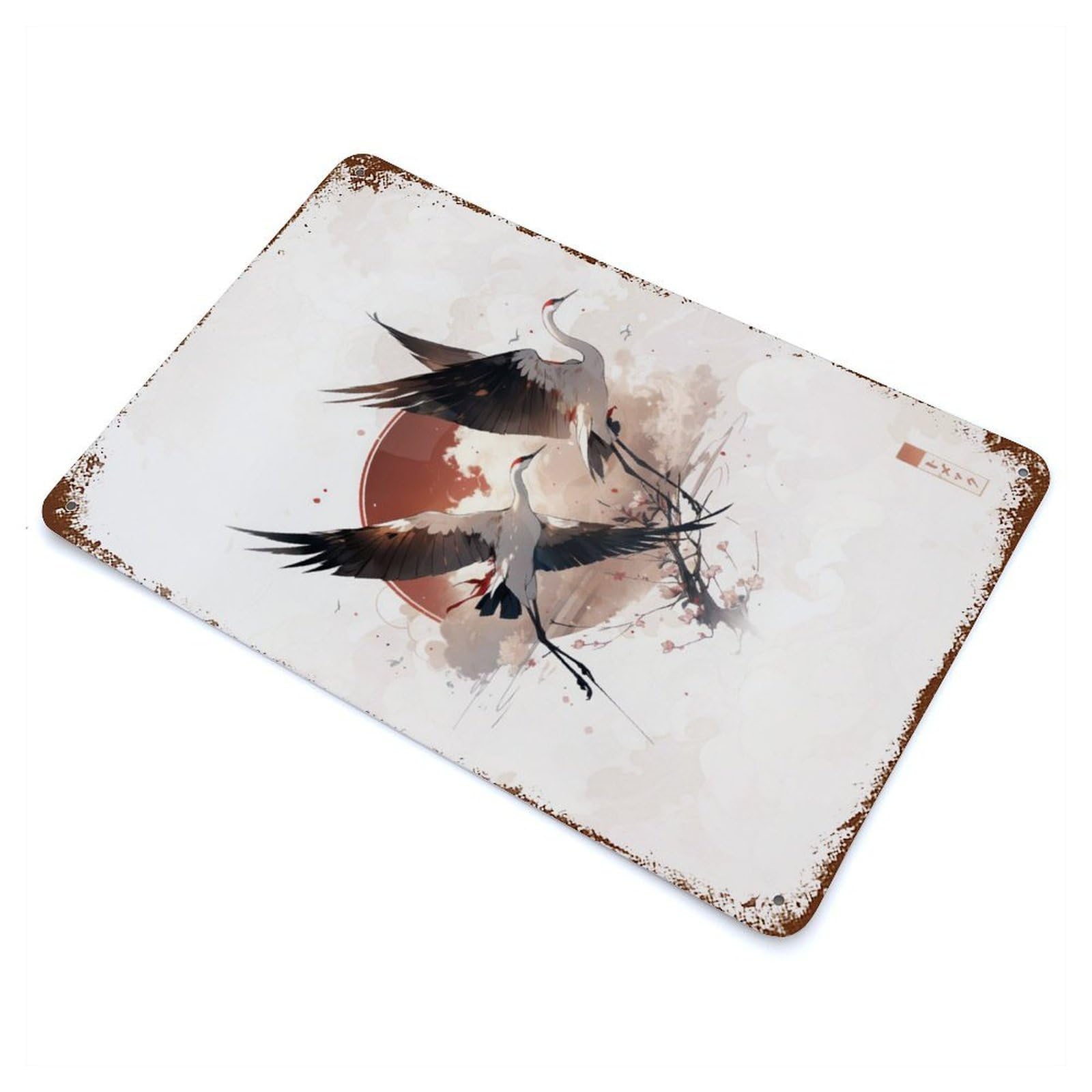 Vintage Rust Metal Sign with Japanese Red Crowned Crane Design 11.8"x7.9", for Garage, Bar And Workshop Decor, Retro Wall Decor