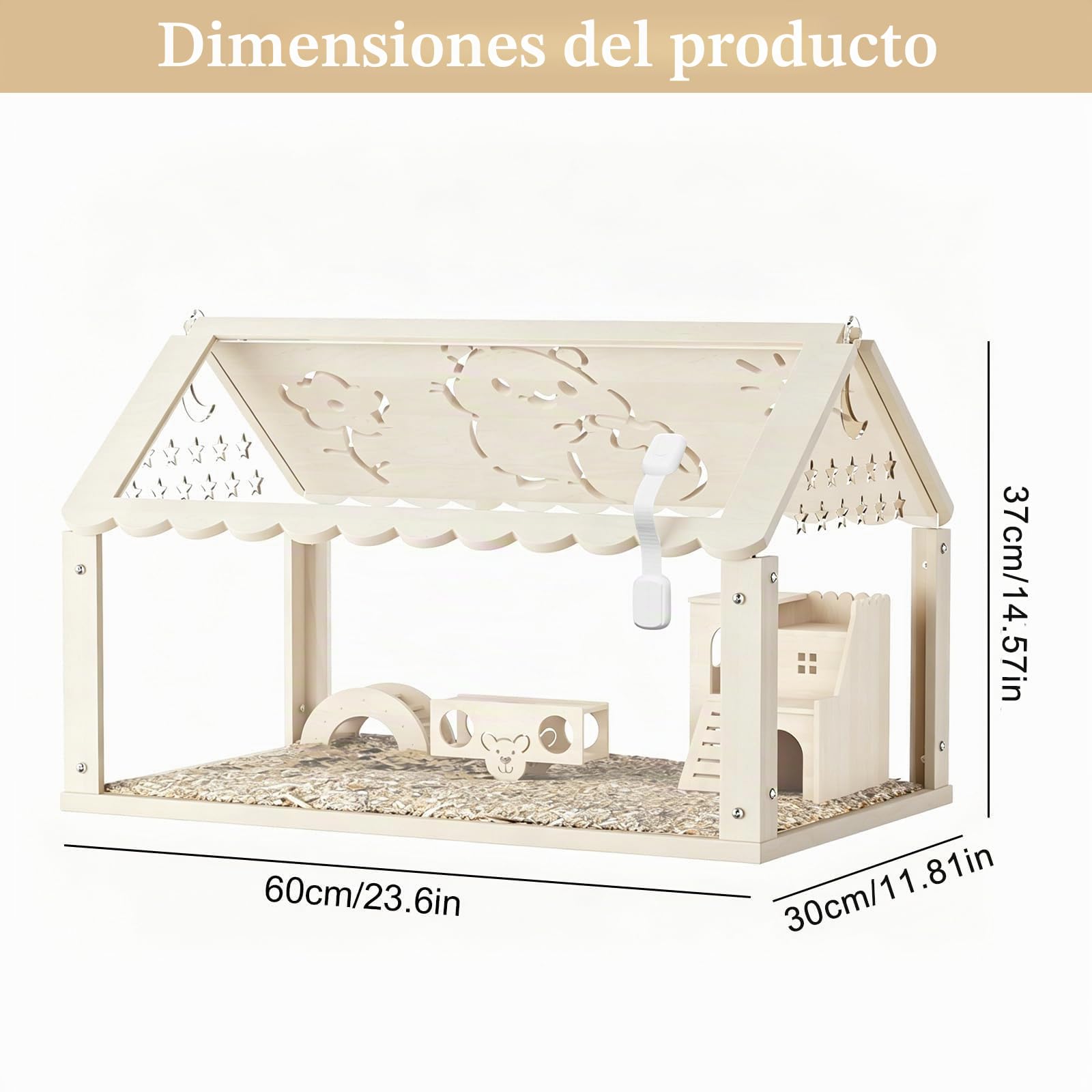 Jaula de hámster de madera para hámster de 60 x 30 x 40 cm con escondite estilo villa, puente de arco y paso, jaula transparente para hámsters sirios, hámsters enanos y conejillos de indias