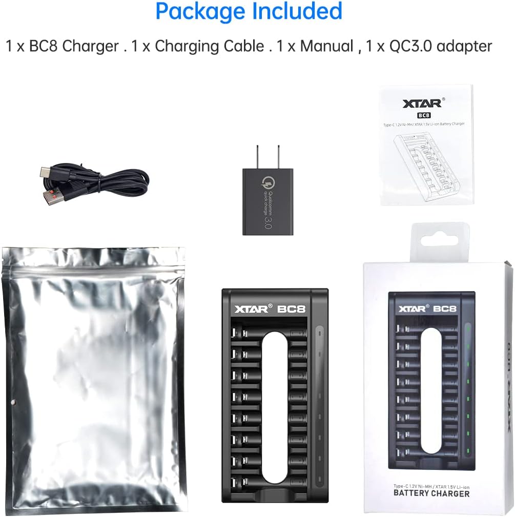 Charge Multiple AAA Rechargeable Batteries Simultaneously with the XTAR BC8 Smart AA AAA Charger - 8 Bays for 1.5V Lithium and 1.2V Ni-Mh Ni-Cd Rechargeable Batteries (BC8 Charger+QC3.0)