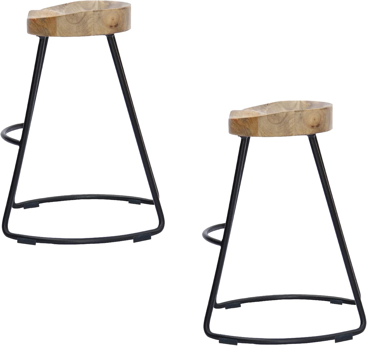 The Urban Port Ela 30-Inch Mango Wood Industrial Barstool, Saddle Seat, Iron Frame, Set of 2, Natural Brown and Black