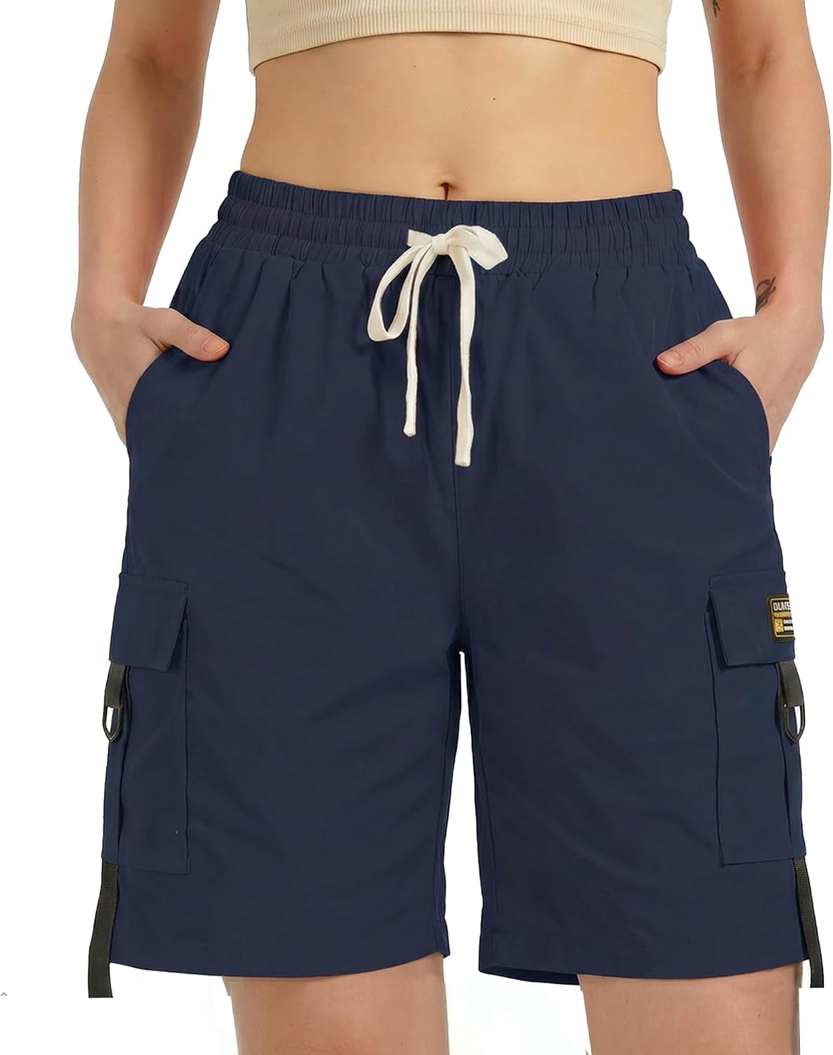 XinYangNi Women's Casual Cargo Shorts with Pockets Elastic High Waist Drawstring Bermuda Shorts for Women