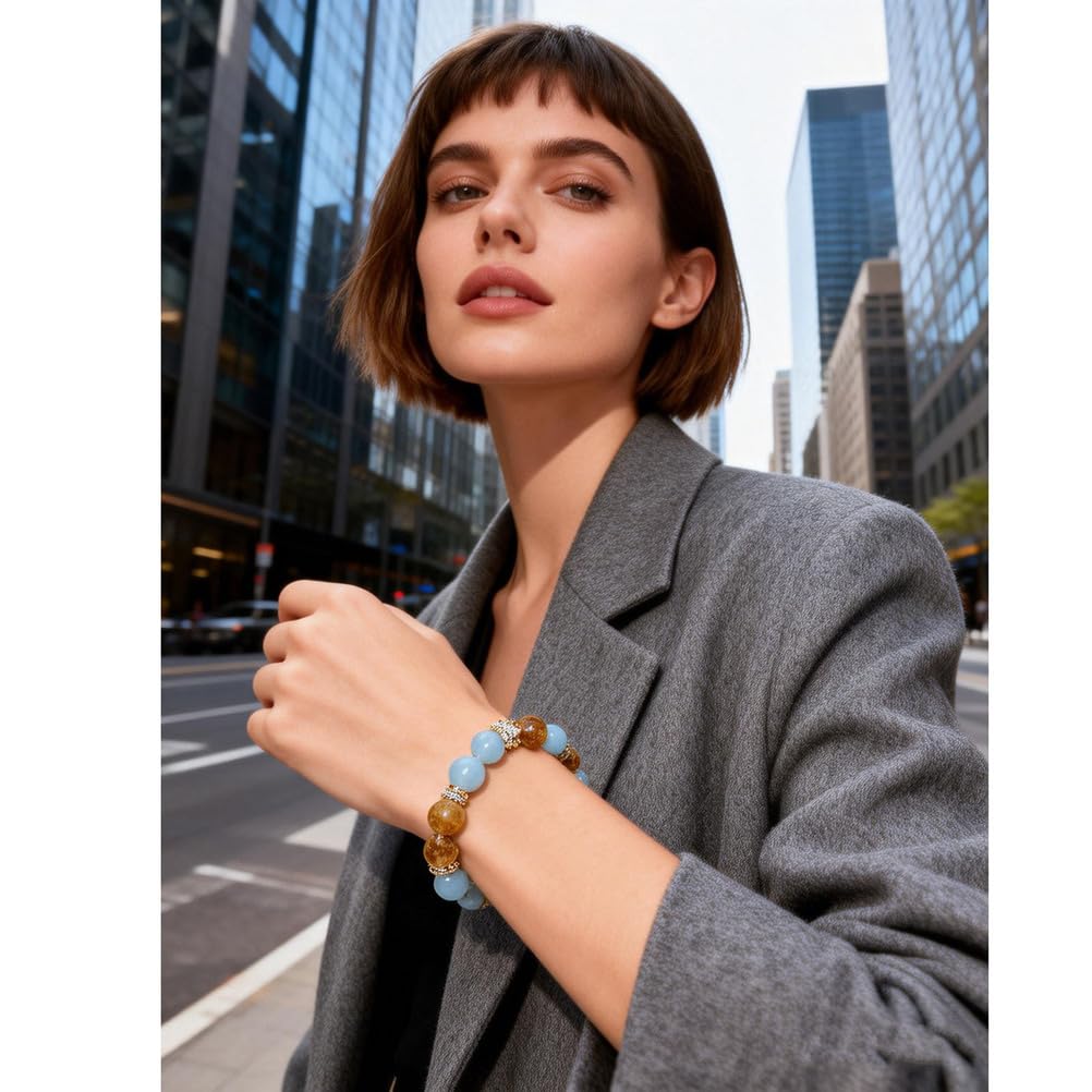 Pulsera de Cristal curativo de Citrino Natural, turmalina Amarilla, Pulsera elástica de Aguamarina para Mujer, para Espiritual, protección, energía Positiva