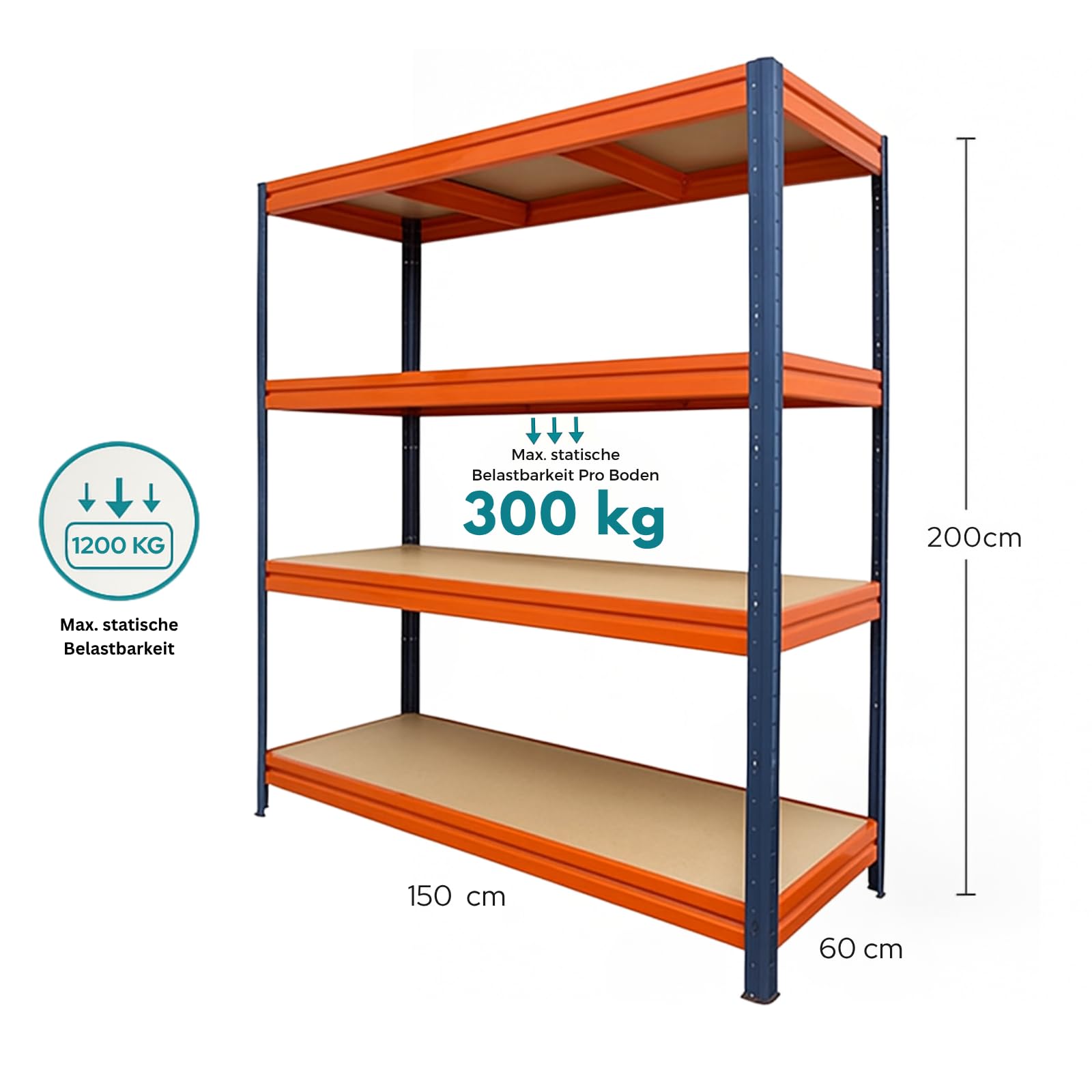 KARAT Étagère à charges lourdes, 200 x 150 x 60 cm, bleu/orange, en métal, pour atelier, rayonnage à emboîtement (TitanRack Big)