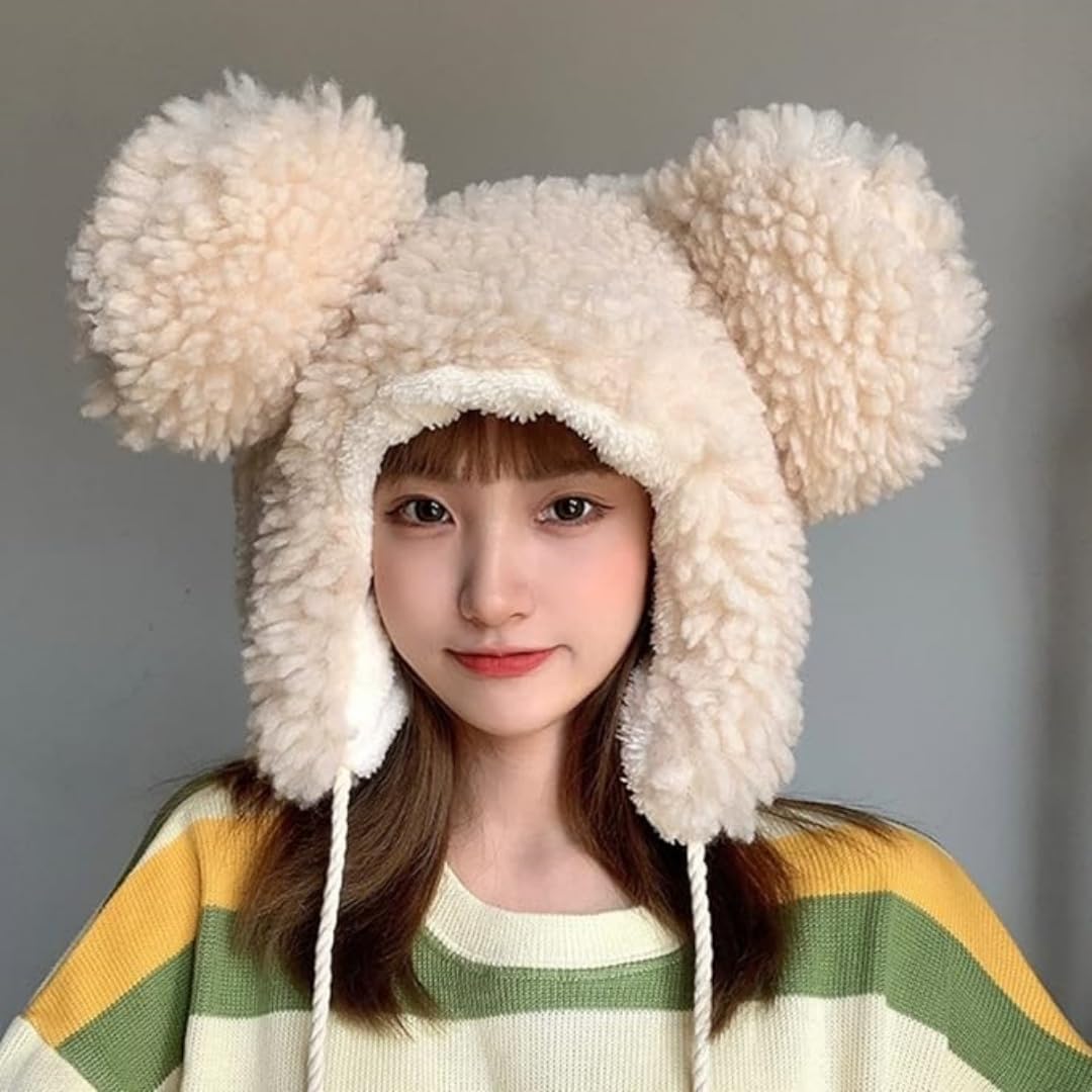 Cute Plush Faux Fur Animal Critter Hat Cap with Ear Flaps Fuzzy Bear Hat Soft Warm Winter Hat Beanie for Adults Women Girls Beige