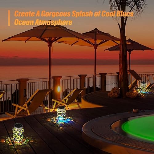 Miniatura 8 de Faroles solares de mosaico para colgar al aire libre, lámparas de mesa solares de metal, luces de mosaico decorativas de vidrio, luces nocturnas