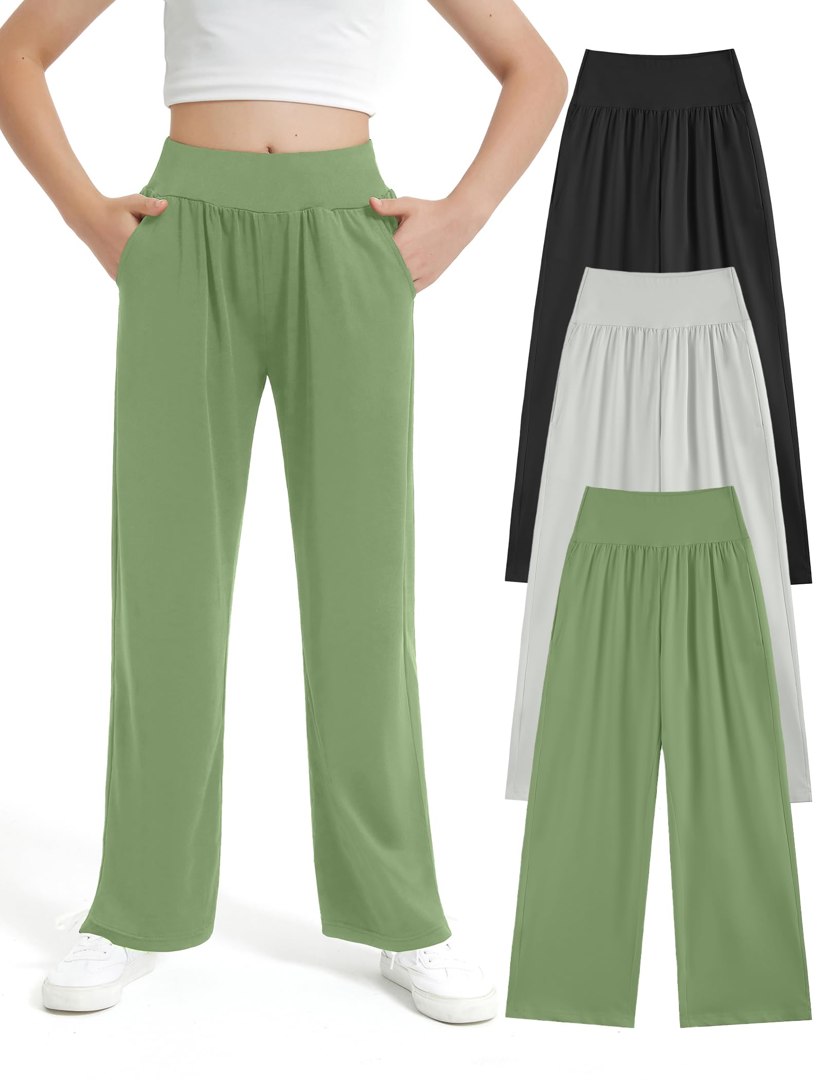 EXARUS 3 Pack Girls Wide Leg Pants Baggy/Tapered Loose Casual School