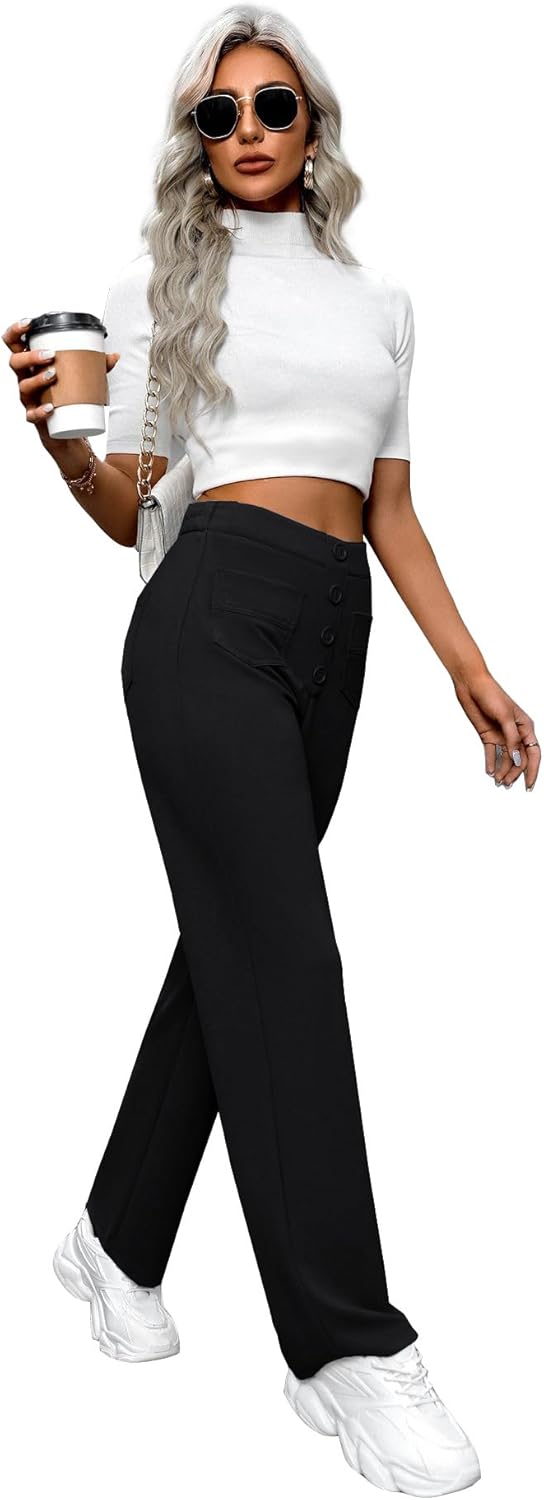 AIFARLD Straight Leg Pants for Women Flexipants High Waisted Button Stretchy Trousers Multiple Pockets Business Work Casual - Image 5