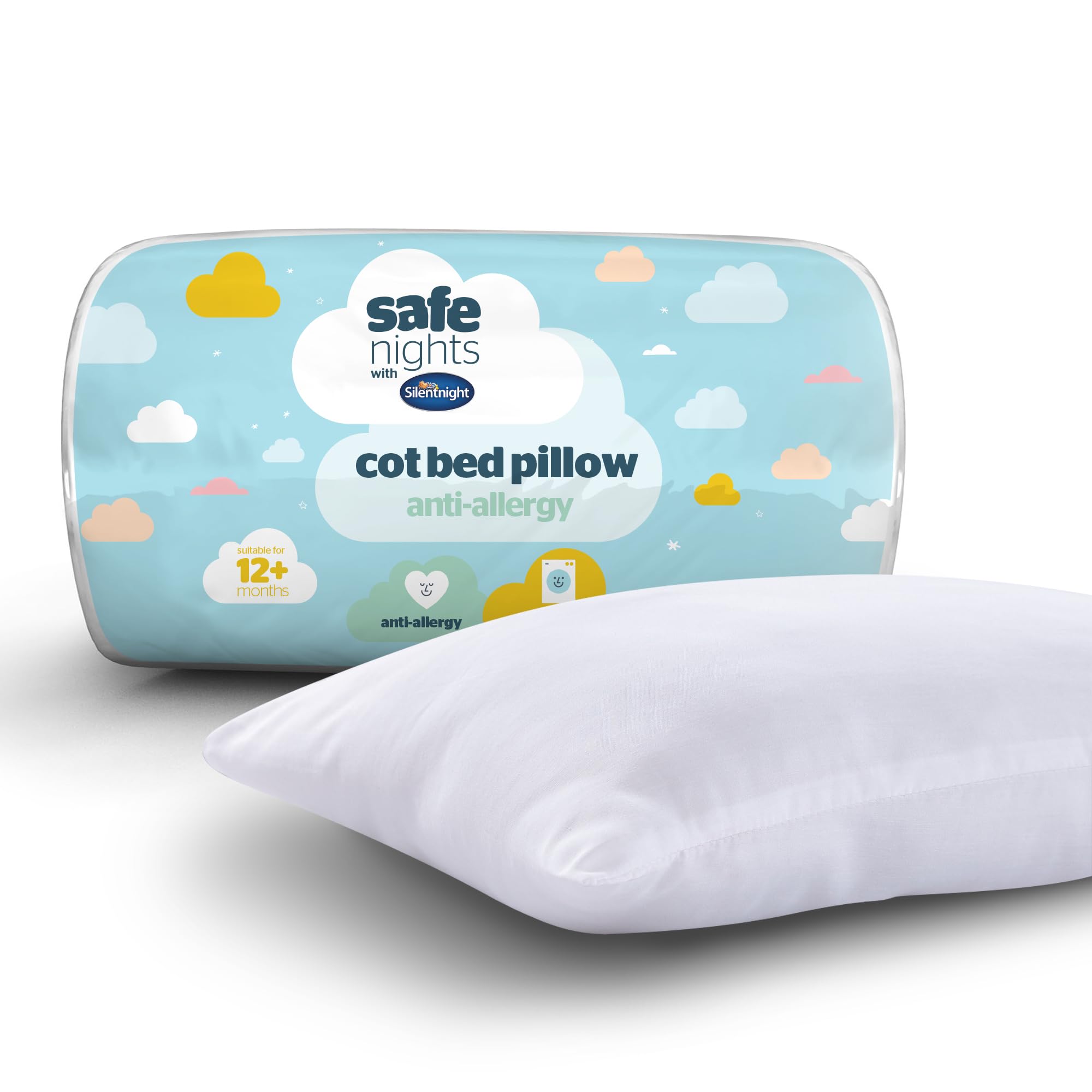 Silentnight Safe Nights Cot Bed Pillow - Anti Allergy Nursery Pillow For Sleeping Children Kids Newborn Baby Babies - Hypoallergenic Machine Washable Baby Shower Gifts White,1 Pillow,442367GE