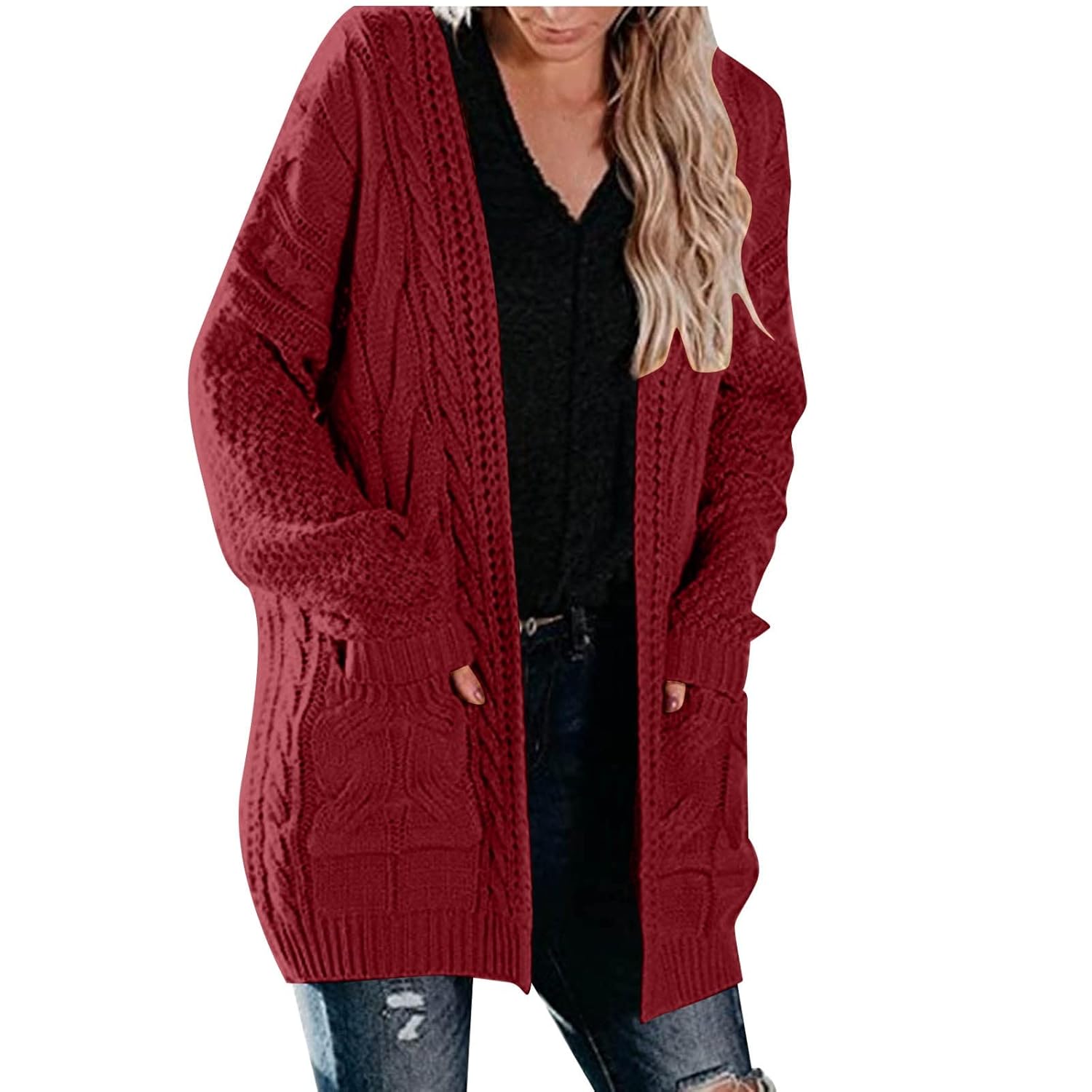 Womens Long Cable Knit Cardigan Open Front Soft Coat Oversized Winter Fall Knitwear Sweater with Pockets