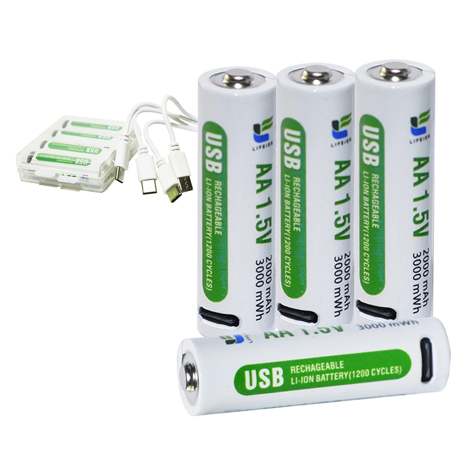 STEPMAX 4 Pack USB Rechargeable AA Batteries 3000mWh 1.5V with USB Type C Charger Cable, 1.5H Fast Charging, 1200 Cycle Lifespan Lithium AA Batteries