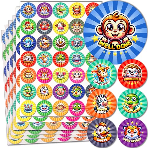 Reward Stickers for Children - 210 Premium Well Done Stickers for Kids Teacher and Classroom Use | Good Work Praise Achievement Animal Designs for School and Toddler Motivation by Innoveem