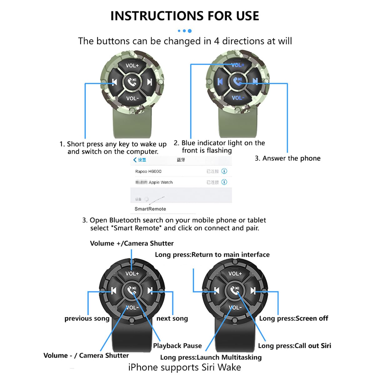 Tipo di cinturino Pulsante telecomando wireless per volante Pulsante multimediale universale impermeabile IP67 con pulsanti luminosi Bluetooth 5.3 compatibile per auto moto iOS e Android 4.0+