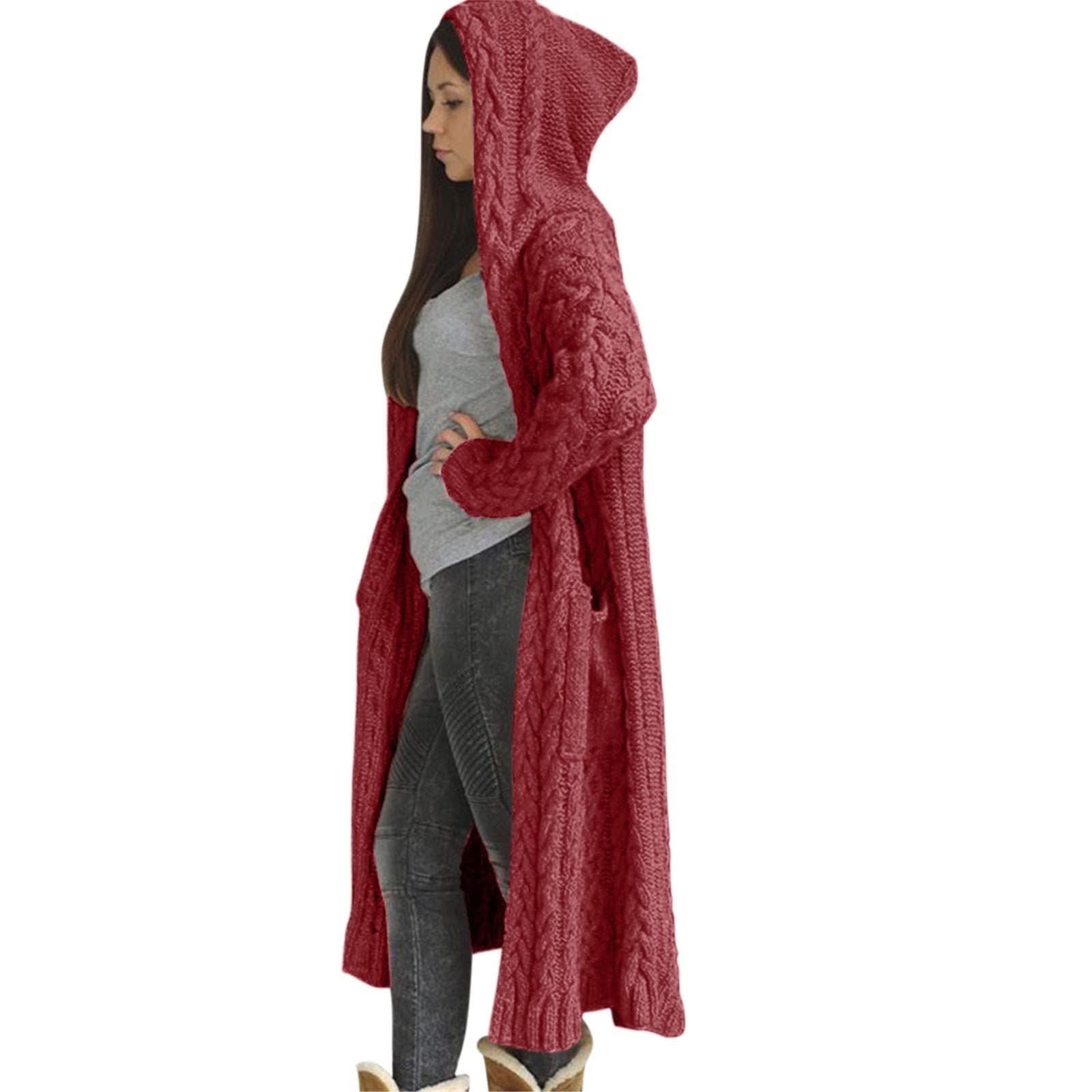Chaqueta de punto grueso para mujer, chaqueta de punto grande para mujer, largo con capucha, elegante cárdigan largo con bolsillos, suéter informal, cálido, chaqueta de entretiempo, manga larga,