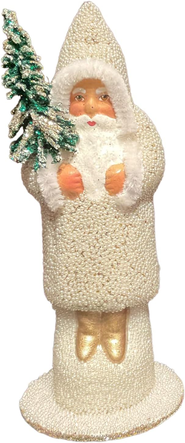 Ino Schaller White and Gold Beaded Santa German Paper Mache Candy Container