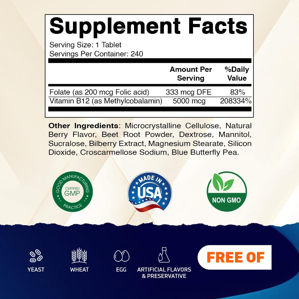 Vitamatic Methyl B12 5000 mcg with Folic Acid – Natural Berry Flavor – 240 Fast Dissolve Tablets – Methylcobalamin Vitamin B12 for Energy & Nervous System Support – Vegan & Non-GMO Supplement — Amazon image 2