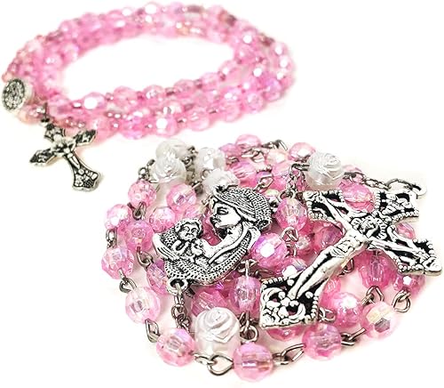 Juego de rosario y rosario de corte de cristal rosa madre María, rosario católico, rosarios católicos para mujer, regalos católicos para mujer,