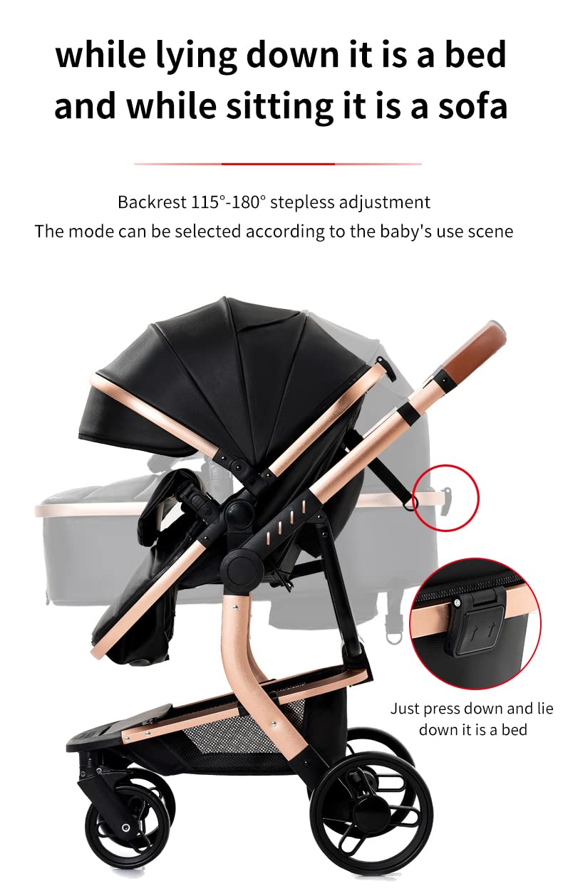 3 in 1 Kinderwagen aus PU Leder, Wendbares Baby-Reisesystem, mit Einem Klick Zusammenklappbarer Kinderwagen und Komplettes Zubehör, Zwei Bremsmodi für Vorder- und Hinterräder（Black）