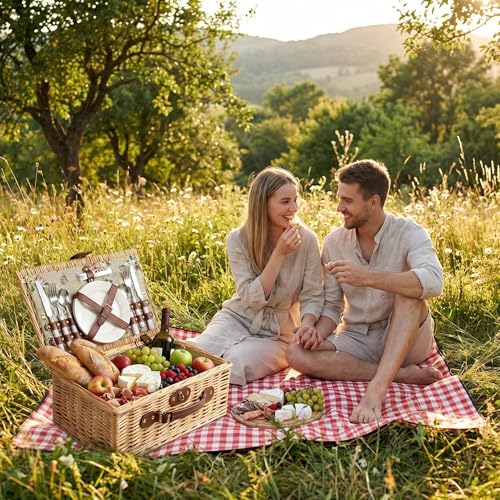 Image of Multifunctional Wicker Picnic Basket Set for 2 Adults with Picnic Table and Blankets,Large Insulated Picnic Set with Wine Pouch and Full Tablewares for Camping Outdoor Couples Beach Wedding Flower