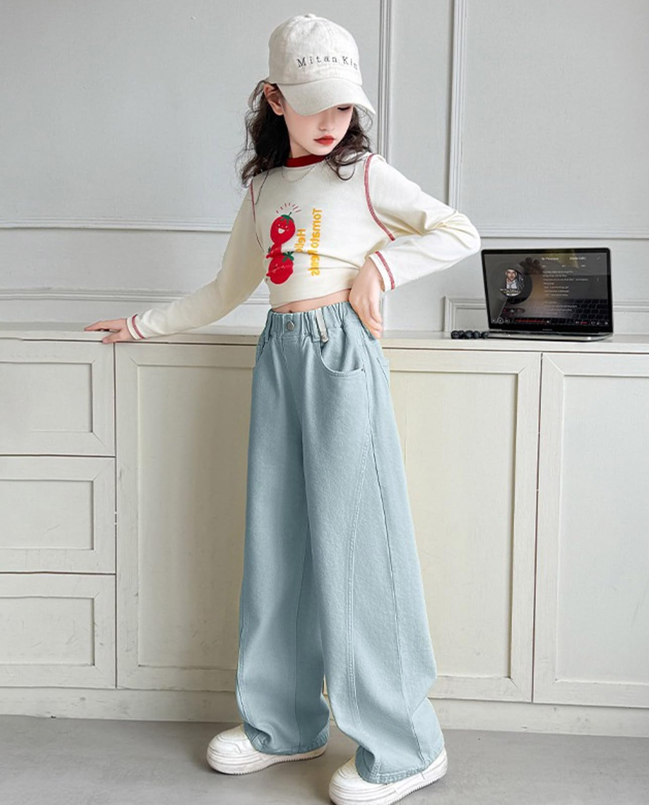 Jean Baggy Enfant Fille Ete Taille Elastique 4-12 Ans été Pantalon Denim Jambe Large Ado Fille Ample a La Mode Confortable Pas Cher Chic École Casual Vacances