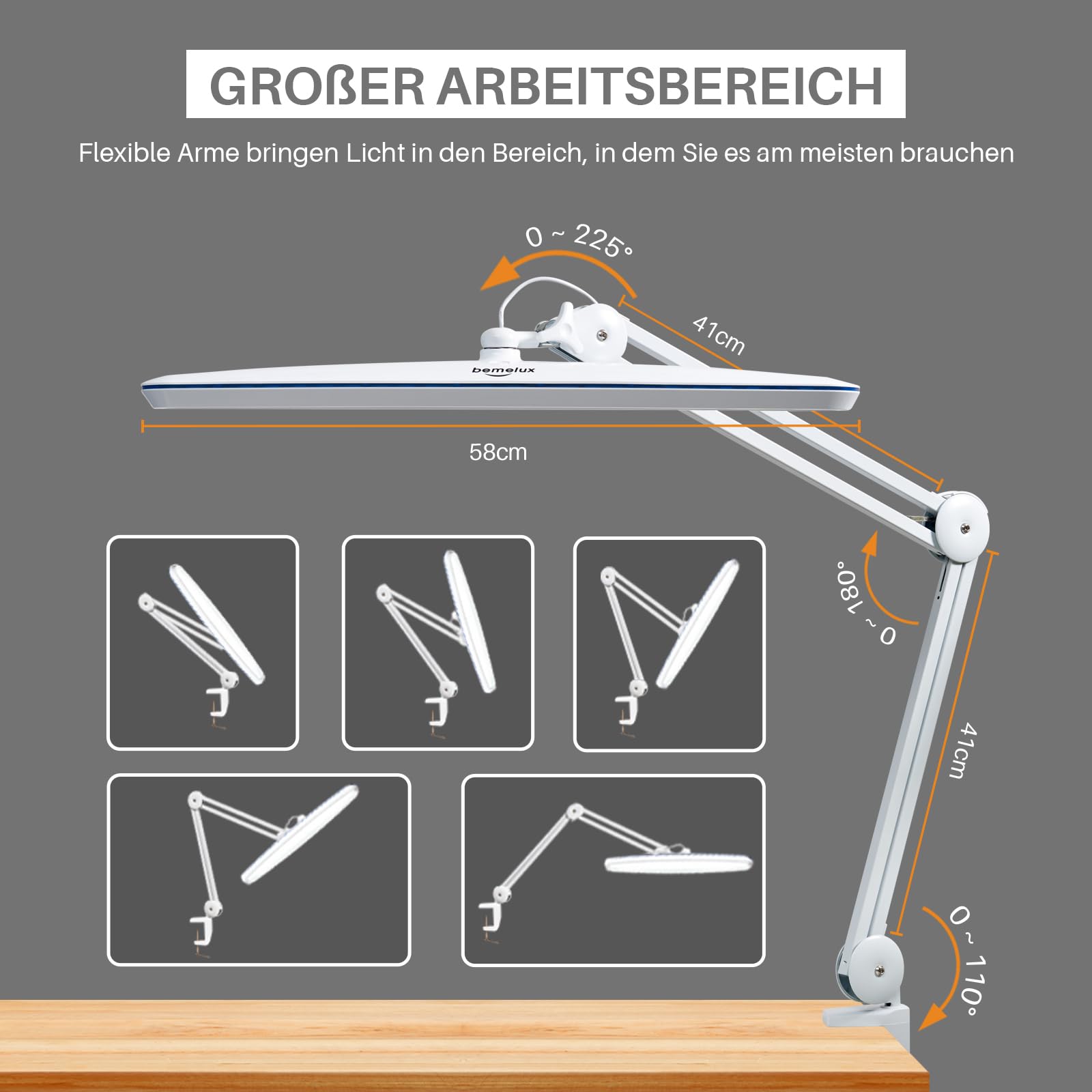 24W LED-Schreibtischlampe mit Klemme, 58cm breit, 2200 Lumen, 4 dimmbare Helligkeitsstufen, 117 SMD-LEDs – Drehbare Lampe für Büro, Zuhause (Weiß)
