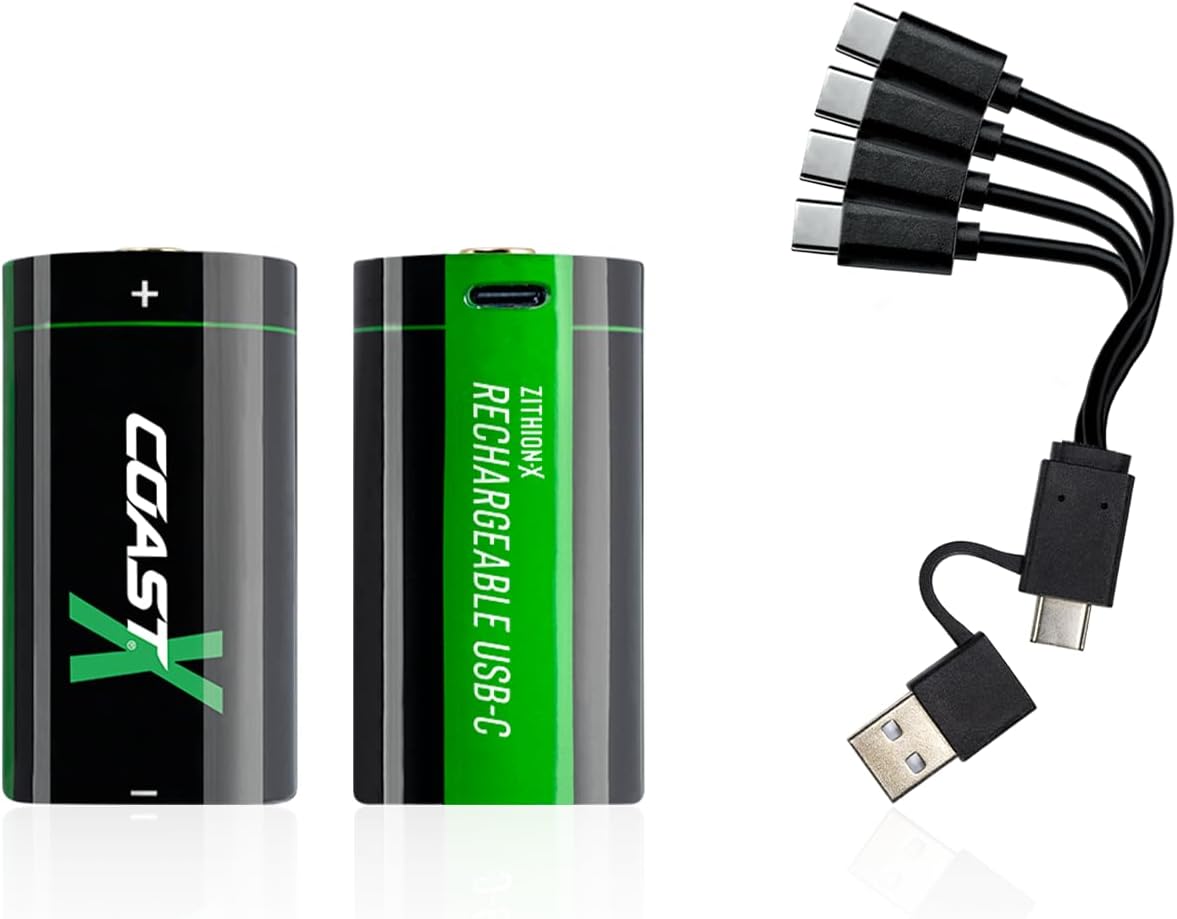 Coast ZX CR123 USB-C Rechargeable Batteries, ZITHION-X, Lithium Ion 1.5v 1100 mAh, Long Lasting, Charges Under 3 Hours, Charging Cable Included, for Tools and Devices - 2 Batteries