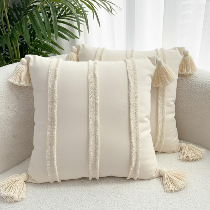 Image of Bird Wing Decorative Couch Cushion Pillow Covers for Home, Cream White, Cotton, Boho Style Tassel Design, Set of 2, Beige Color Size: 12x12 Inches
