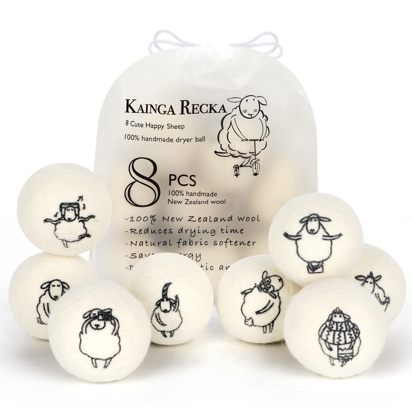 Photo 1 of Kainga Recka Wool Dryer Balls, 8PCS Dryer Balls with Happy Sheep - Natural & Organic, 100% New Zealand Wool Handmade, Chemical-Free Reusable Laundry Balls, Anti-Static Reduce Wrinkles and Save Time