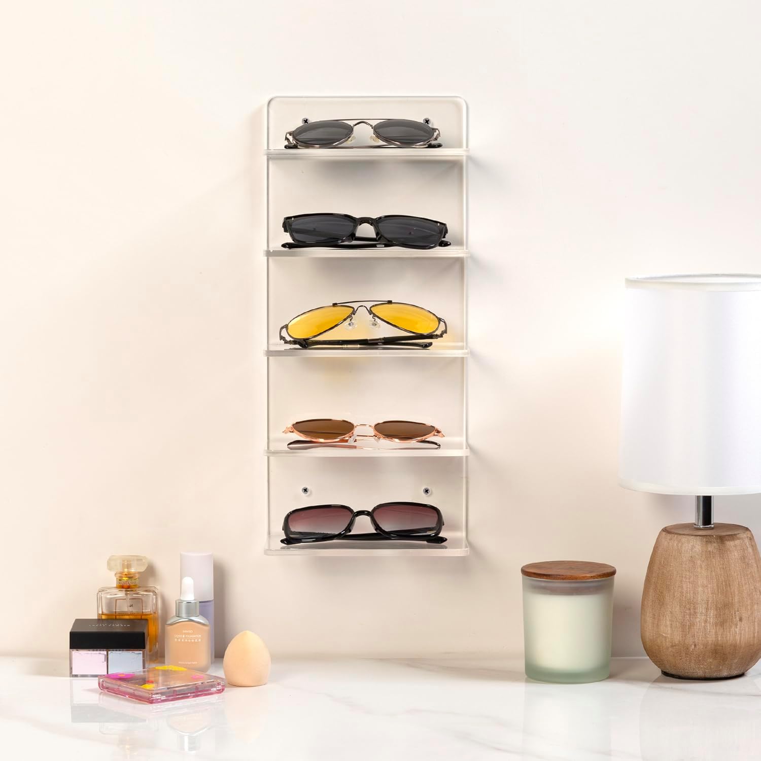 MyGift 5 Tier Premium Clear Acrylic Sunglasses Holder Rack, Wall Mounted Eye Glasses Shelf or Tabletop Display Stand, Retail Eyewear Showcase Storage Organizer