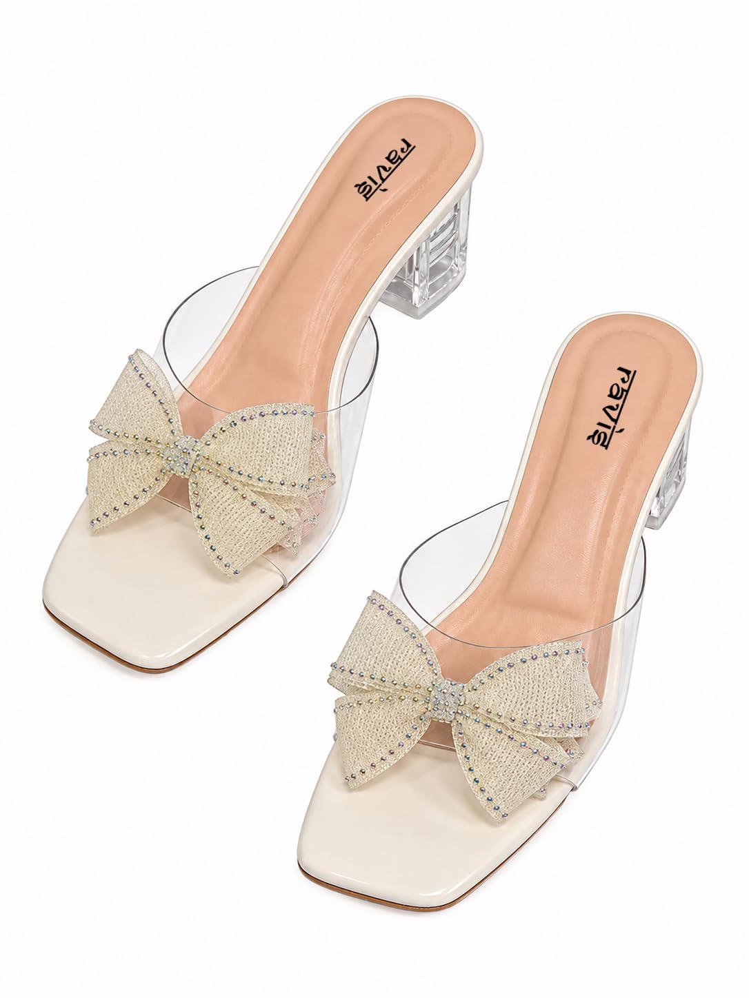 ravis Women’s Embellished Bow Detail Transparent Strap Square Toe Block Heel Sandals-picture-17