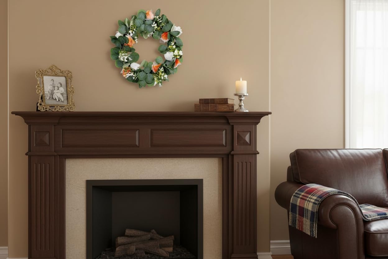 12" Spring Tullic Wreath with Eucalyptus - Orange & White Fresh Floral Door Wreath for Front Door, Spring Porch Decor, Home & Outdoor Welcome Decorations