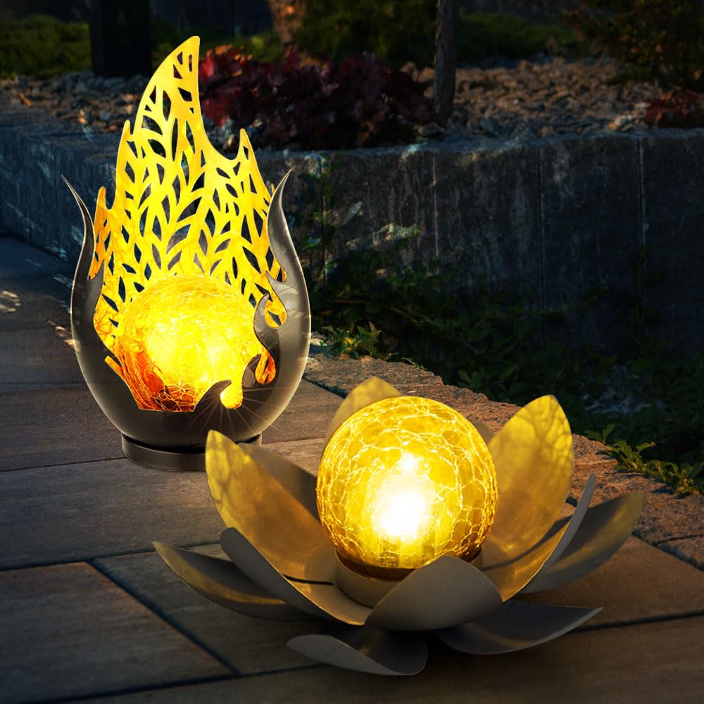 Solarleuchte Flammen Design Außen Solarblume Aussen Lotusblume Solar Crackle Glas, grau, LED Leuchtmittel, 1x Lotusblume 1x Flammen Design, 2er Set