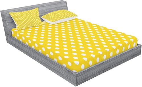 Miniatura 2 de Lunarable Juego de sábanas bajeras amarillas y fundas de almohada, inspirado en el picnic de los años 50, 60 y 70, estampado de lunares retro,