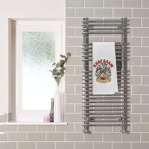 Miniatura 2 de Toallas inspiradoras de cocina con texto en inglés Keep Calm Dream Retro de los años 70, diseño de mariposas y sol, toalla de cocina absorbente