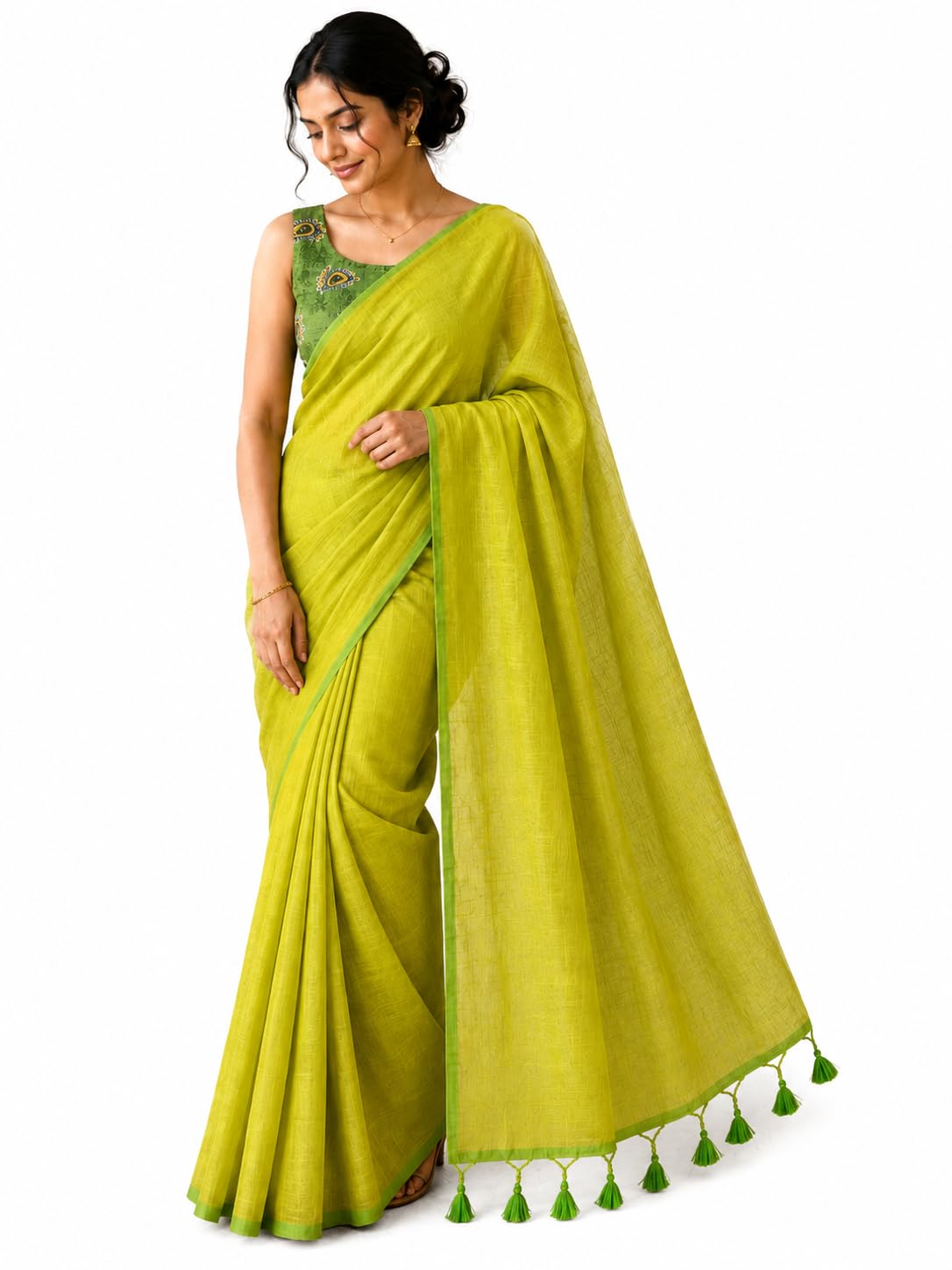 Plain Mul Cotton Saree with Contrast Blouse Piece (unstiched) with beautiful Tassels on Pallu-picture-10