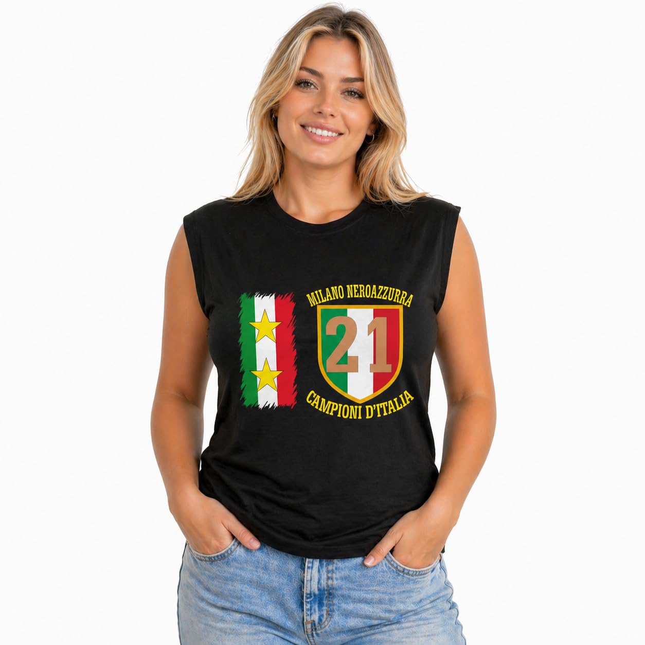 T-Shirt Smanicata Internazionale Campioni d'Italia 21 Scudetti Tifosi Nero Azzurri | Canotta Cotone Scudetto Nero Azzurro PS 29999-INT04