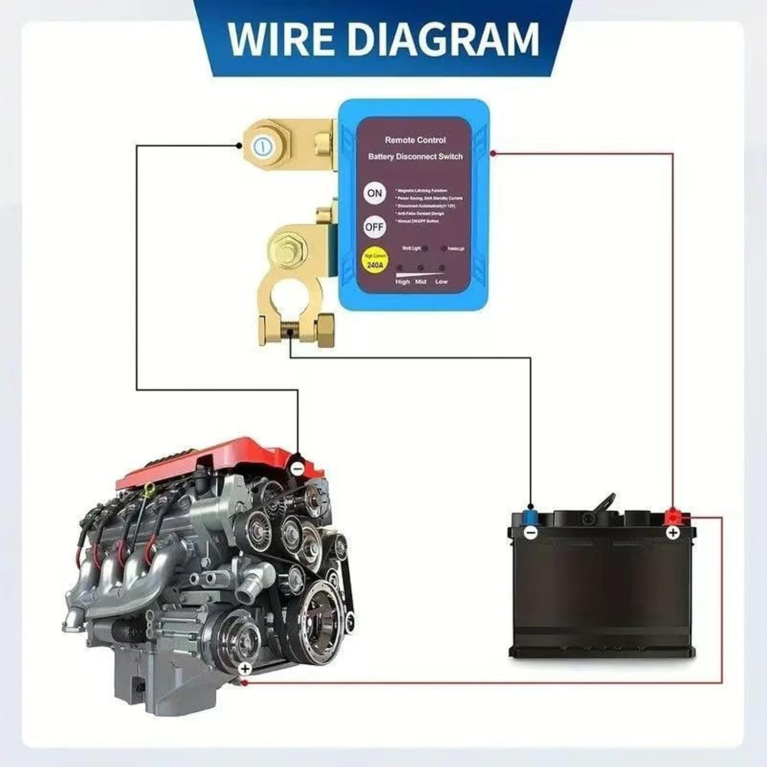 Remote Control of Car Devices for Anti-Theft Safety, 12V, 240A, Upgrade Smart Voltage Kill Switch for Cars, Trucks, RVs, Prevent Battery Drain (1Pc)
