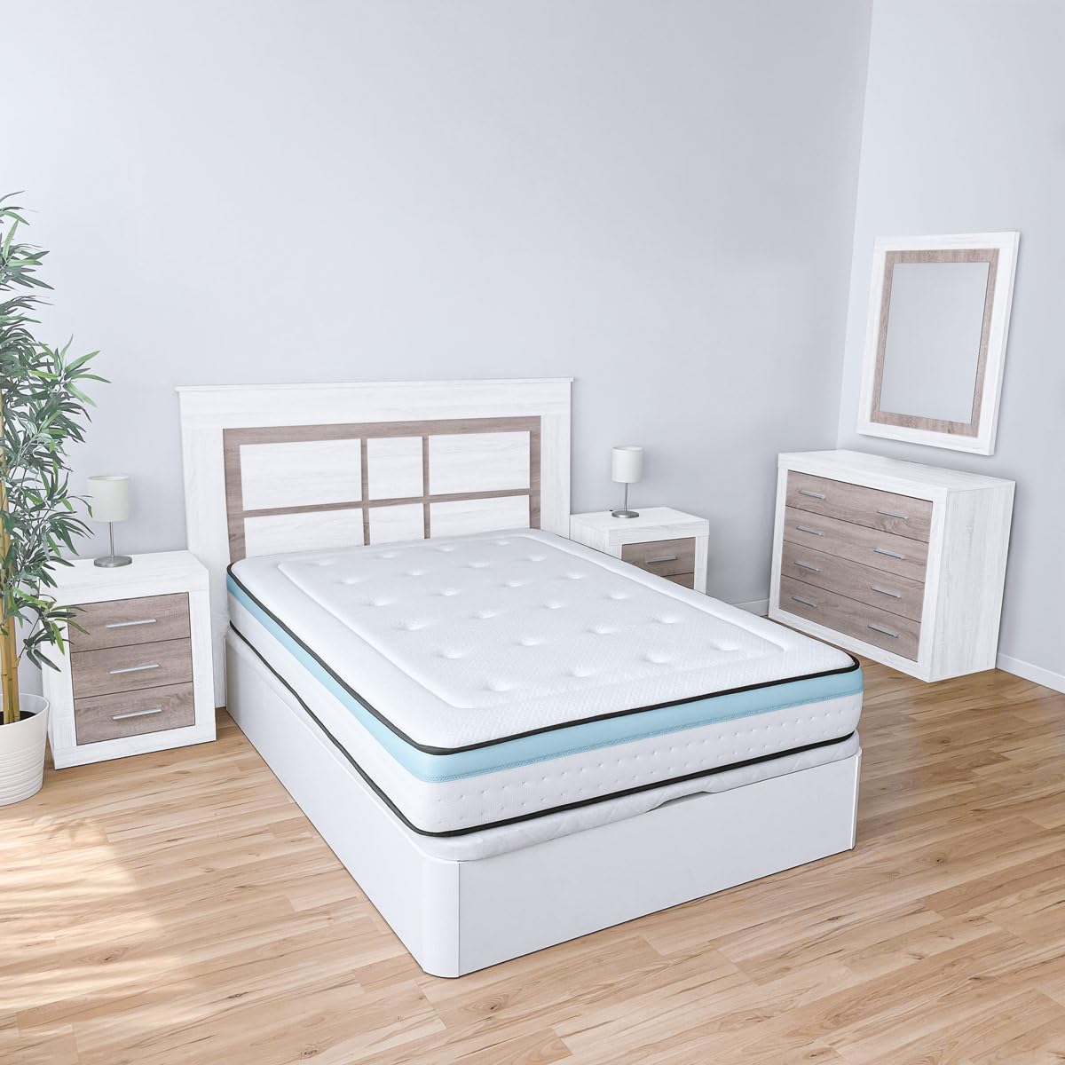 Homey Pack Dormitorio Completo con Cabecero Nórdico Omabella, Madera, Andersen-Pino Gris, (Cama 135-140-150)