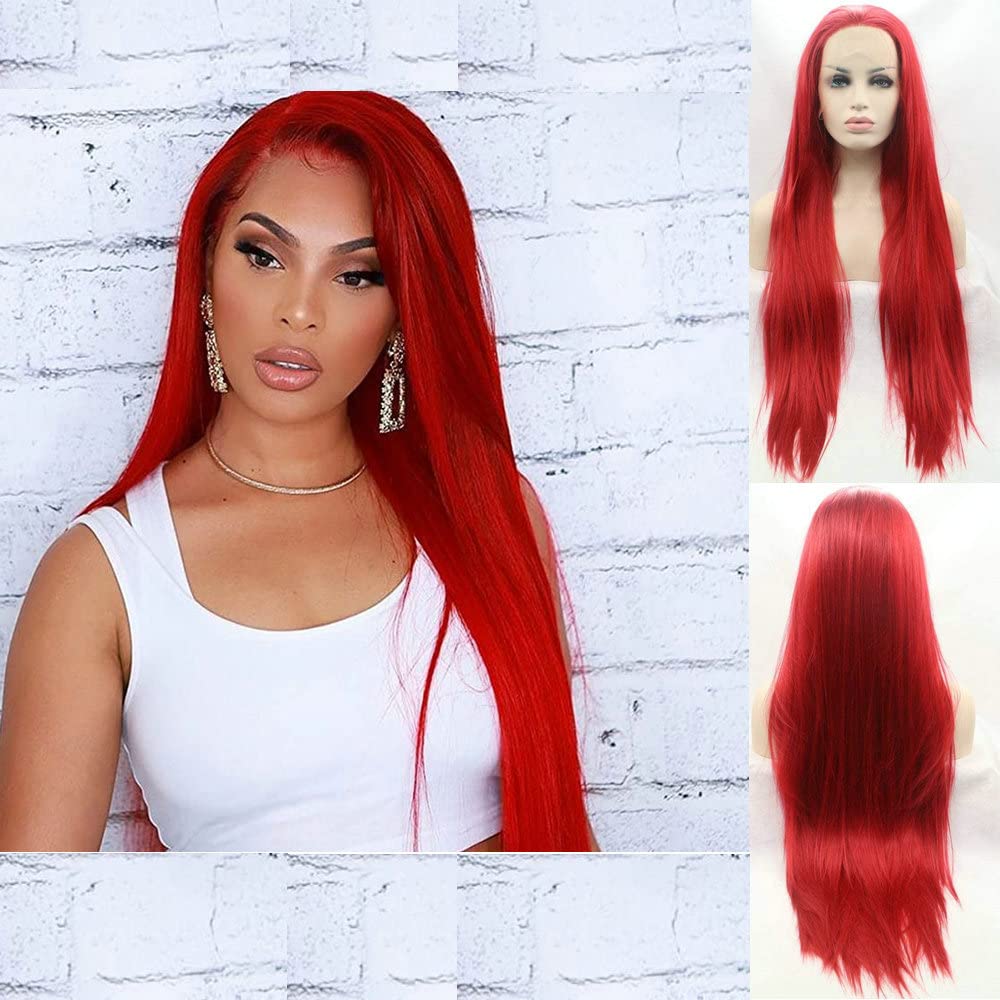 SERENEWIG 13x3 Pre-plucked Hot Red Long Straight Synthetic Lace Front Wigs for Women 1Mermaid Red Wigs Heat Resistant Fiber Drag Queen Cosplay Halloween Wigs 26”