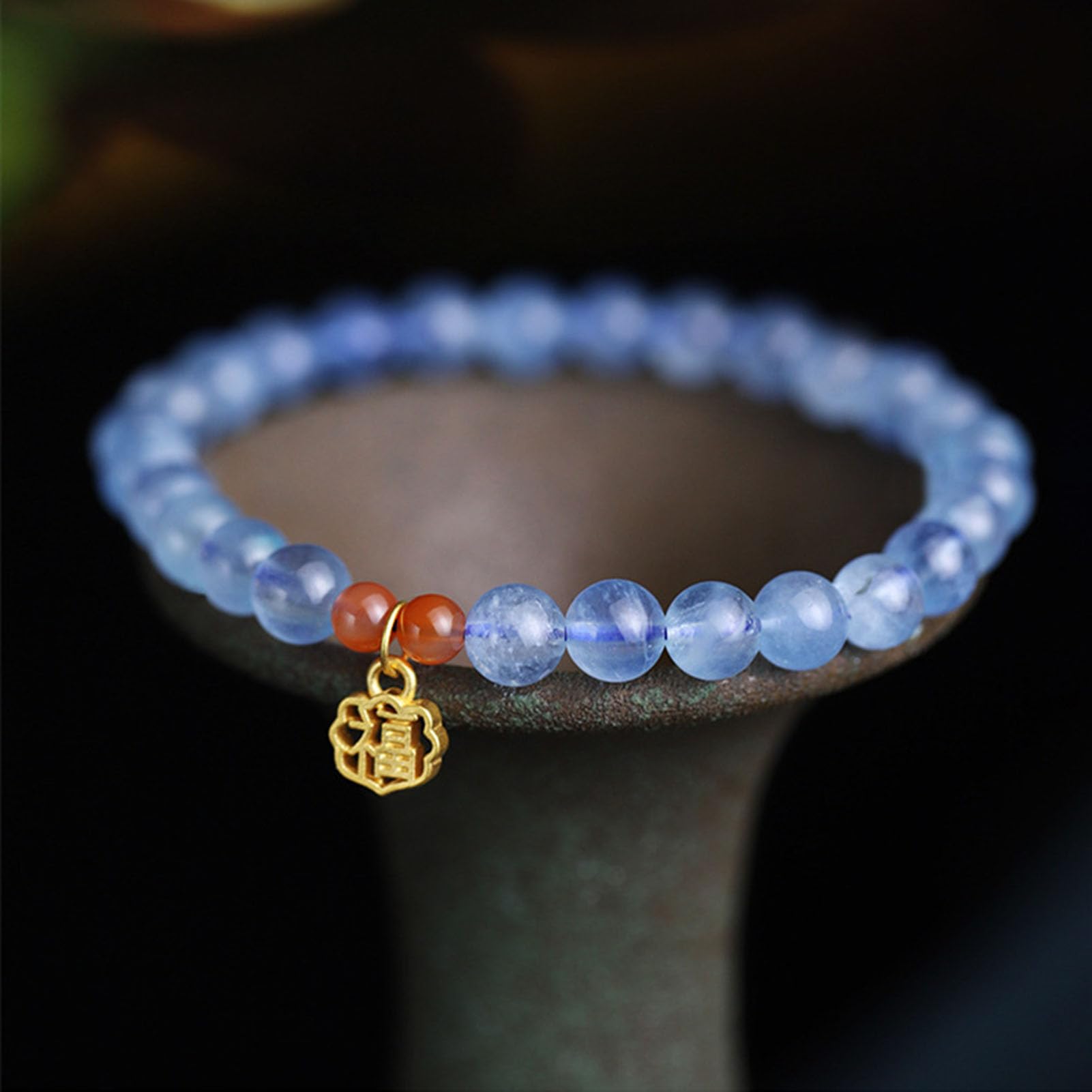 Bracciale Acquamarina e Nanhong - Gioielli con Perle di Cristallo Blu autentiche con Due Accenti di Agata Rossa per Pace e chiarezza, Elastico Elasticizzato Regolabile per Donna,6MM