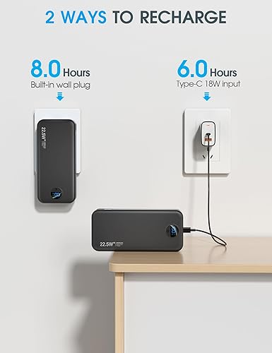 Miniatura 6 de Cargador portátil con cargador portátil, 20000 mAh, 22.5 W, USB C, carga rápida con cables integrados y enchufe de pared, banco de batería externa