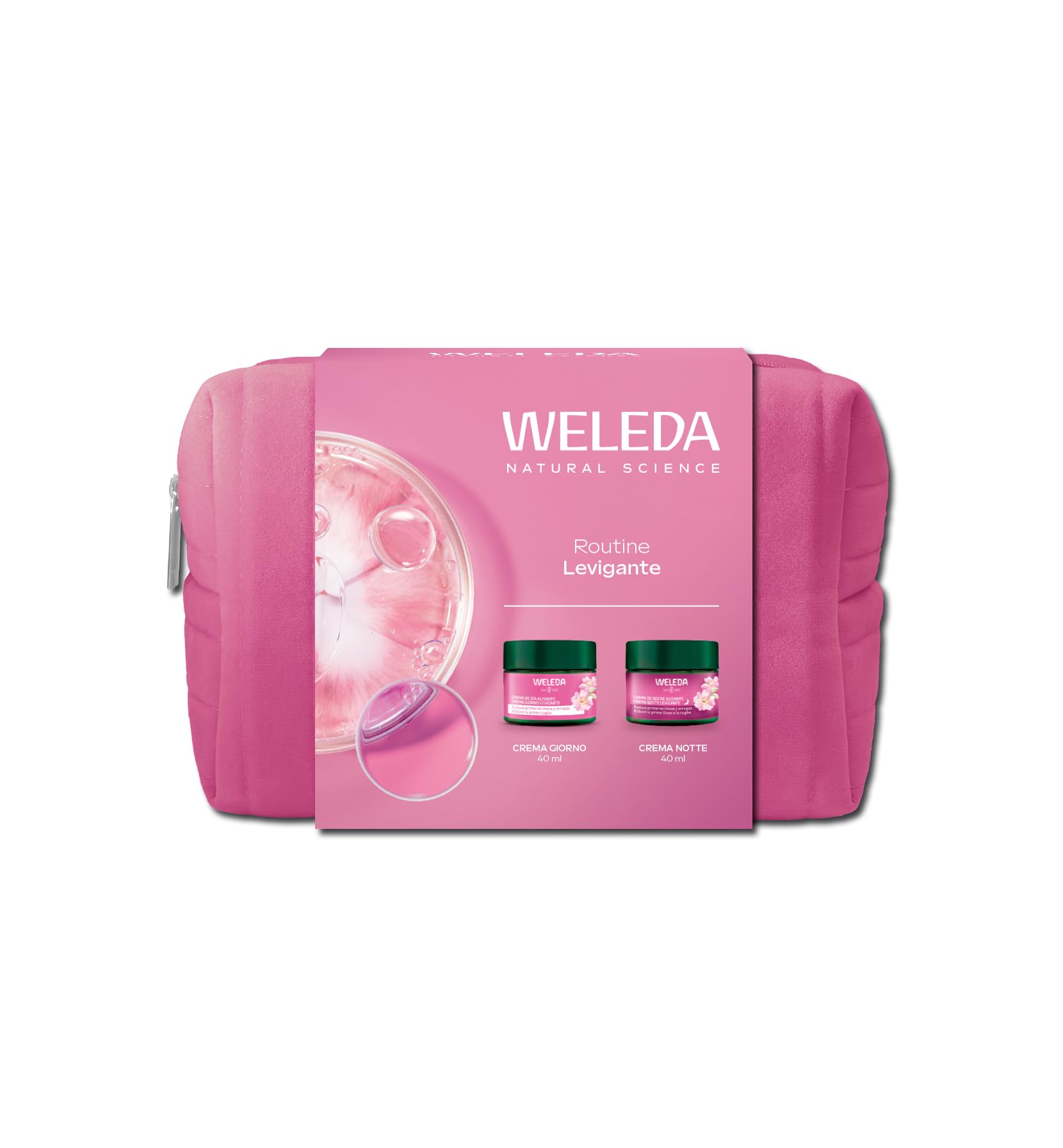 Weleda Kit Rituale viso Rosa Mosqueta, routine levigante per le prime rughe, con Crema Giorno e Crema Notte Rosa Mosqueta, idea regalo con pochette inclusa (2 creme x 40 ml)