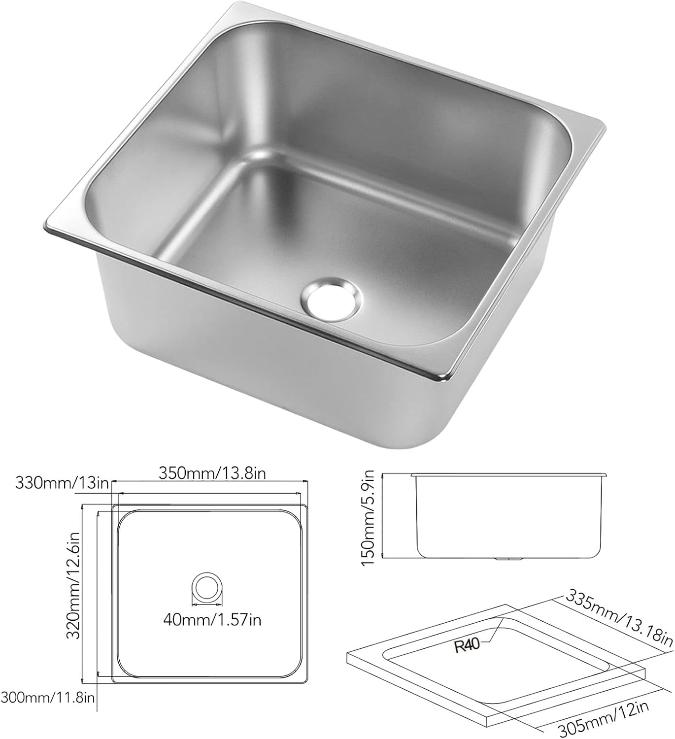 Undermount Sink, 304 Stainless Steel RV Sink 330x300x150mm with 40mm Drain Port, for RV Boat Kitchen Bathroom