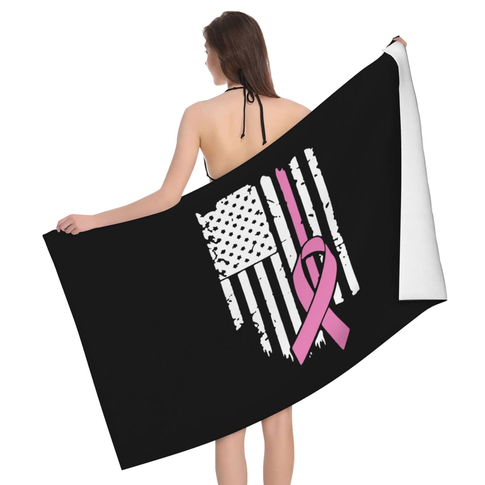 Lsjuee Breast Cancer Awareness USA Flag Microfiber Bath Towel Absorb Water Quick Dry Bath Towel, for Beach, Swimming Pool, Camping