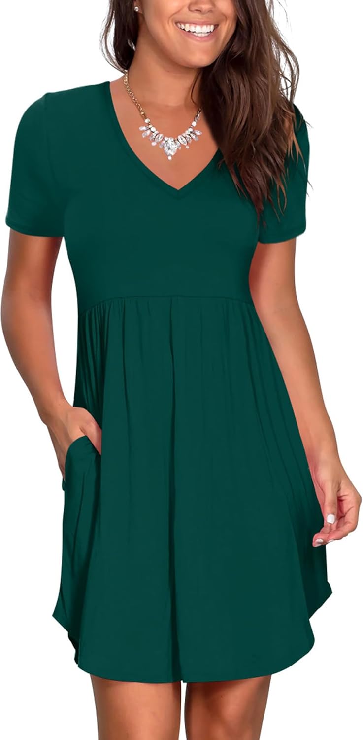 Size Large Nova In Sky Women's Summer Dress Short Sleeve Casual T Shirt Dreses 2024 Flowy Beach V Neck Sundresses with Pockets Dark Green B Large