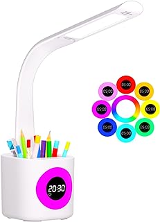 LED Desk Lamp, Desk Lamps for Home Office, 10W Dimmable Study Desk Light with Pen Holder&Colorful Night Light&Clock, Kids Desk Lamp- 4 Lighting Modes&5 Brightness Level, Eye-Care Reading lamp