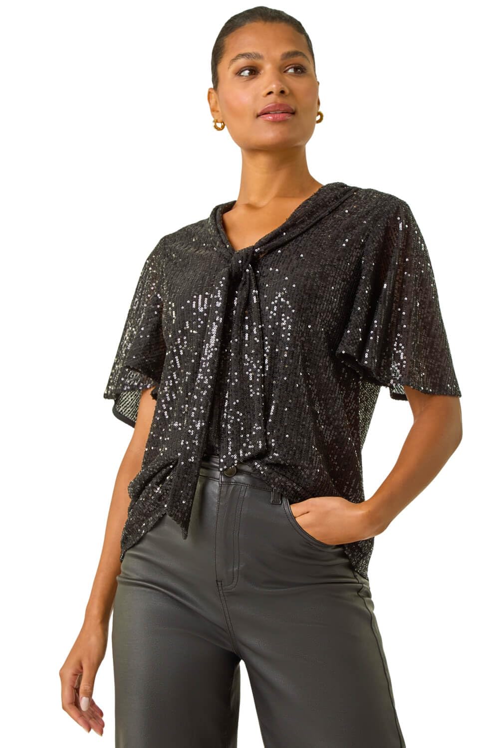 Roman Originals Sequin Tie Neck Stretch Top for Women UK - Ladies Everyday Autumn Winter V-Neckline Comfy Soft Evening Vacation Work Party Night Out - Black - Size 12