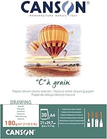 CANSON C à Grain, Papel para Desenho em Bloco, Gramatura 180 g/m², Tamanho A4, 30 Folhas